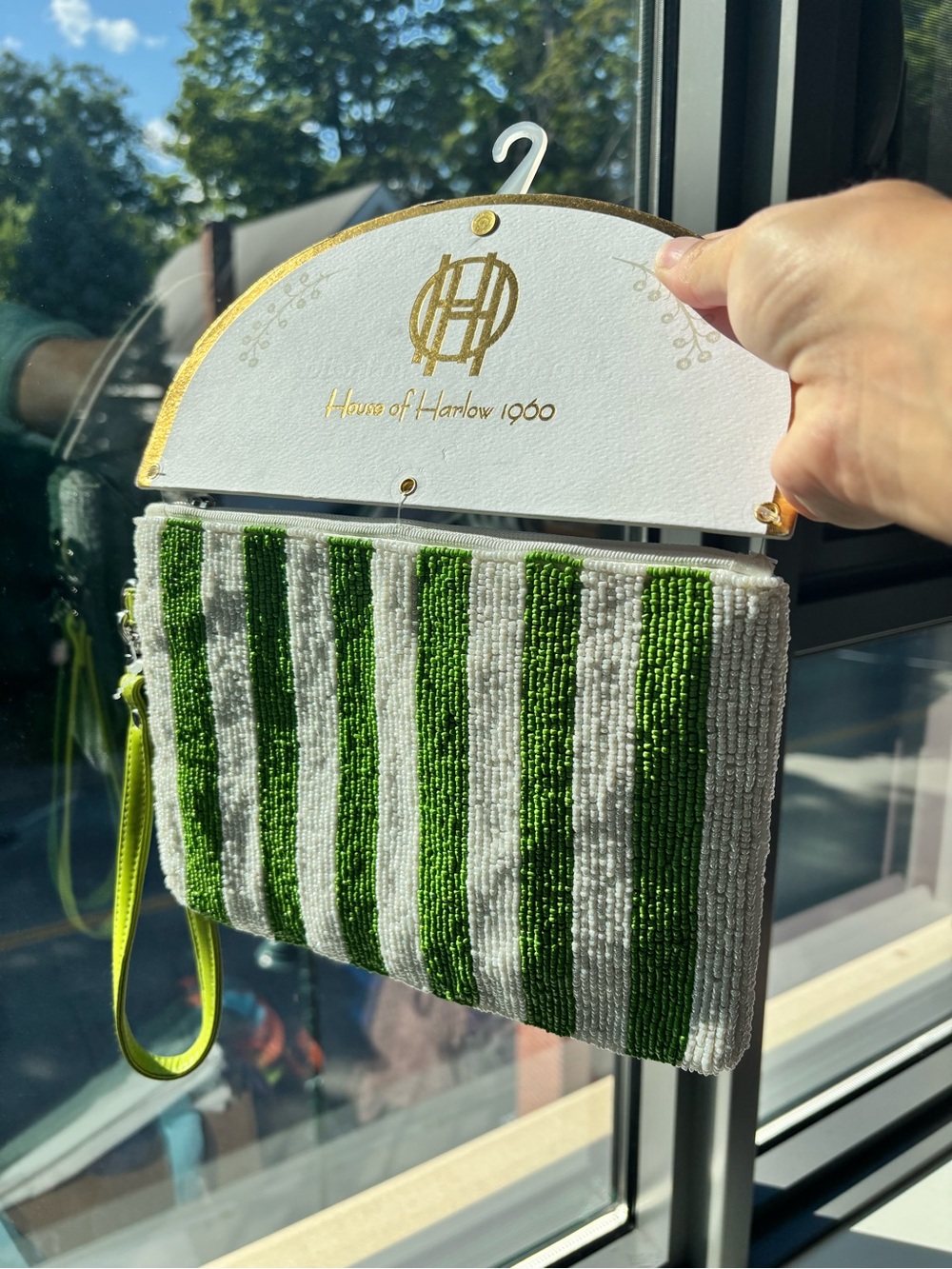 House of Harlow 1960 Green & White Striped Beaded Wristlet